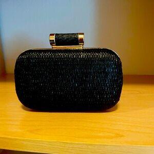 Small Black Raffia clutch or wear it long with detachable gold chain.